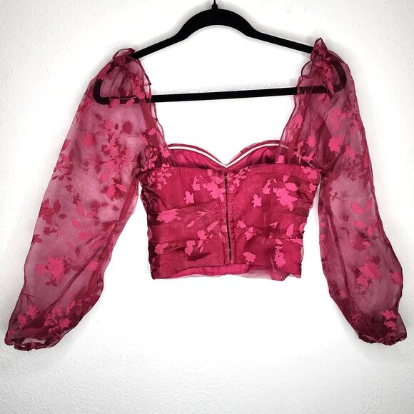 Lovers + Friends Octavia Crop Top in Magenta Corset Balloon Sleeve Tulle Blouse - Picture 4 of 9